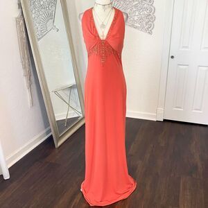 De Laru Early 2000's Ethereal Orange Beaded Open Back Halter Prom Formal Dress M